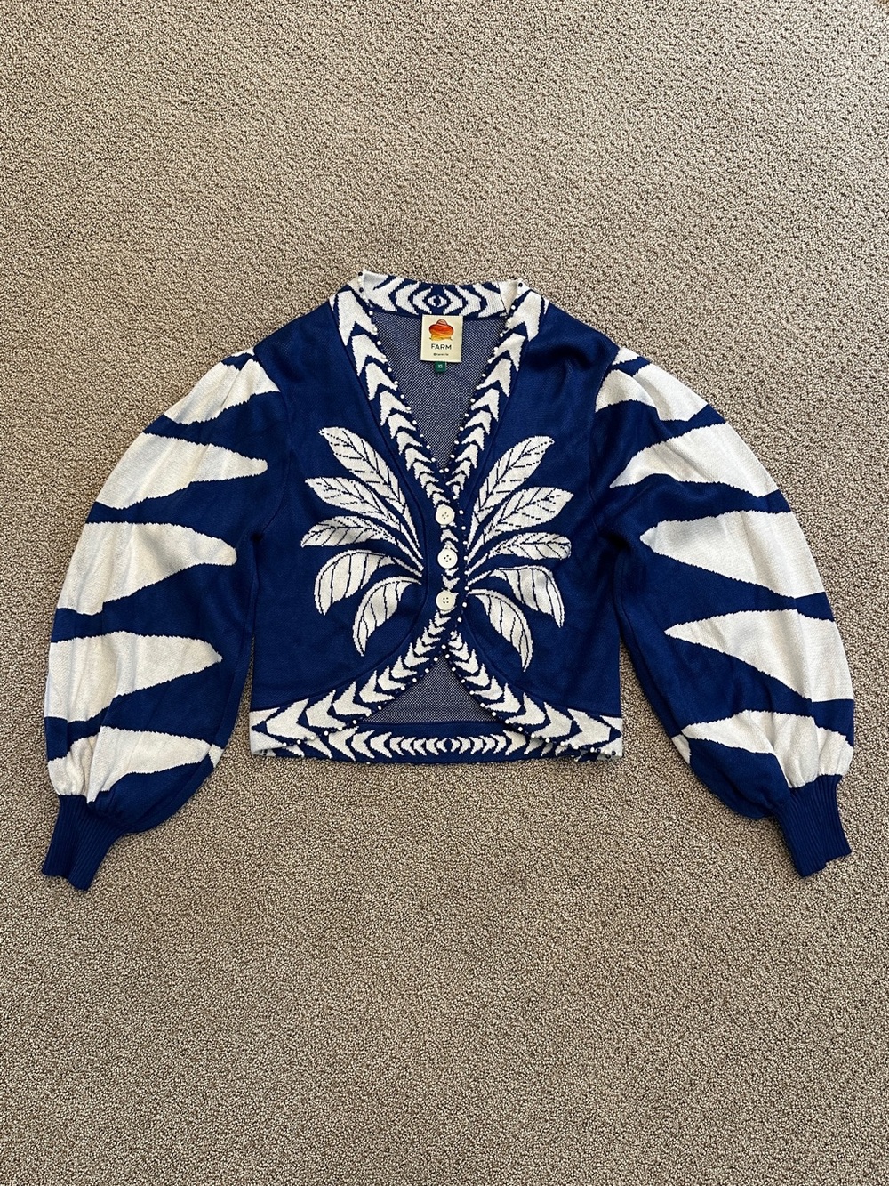 FARM Rio Blue & White Palm-Print Cropped Cardigan with Balloon Sleeves Size XS